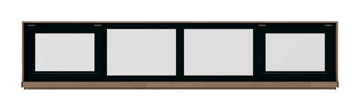 Wide black-framed four-panel window with a wood sill, isolated in a front-view render