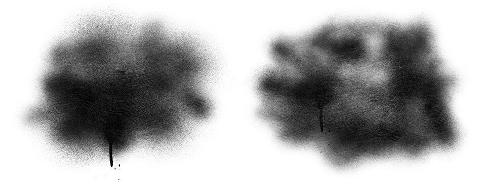 Black spray paint splatter blobs in irregular rounded shapes with fuzzy aerosol edges, grunge texture and isolated ink marks for graphic design.
