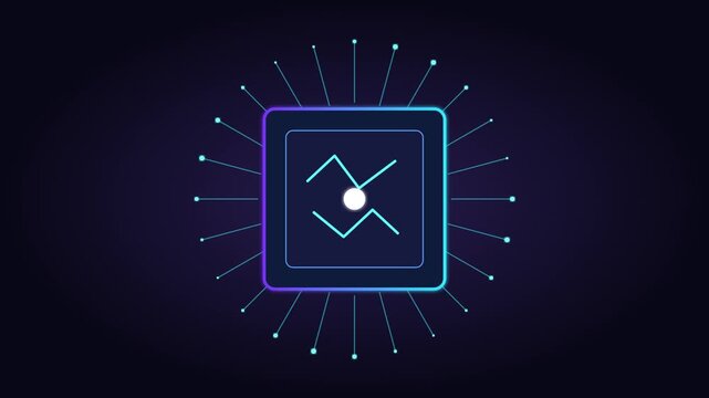 Glowing central processing unit microchip surrounded by radiating neon data lines against a dark background