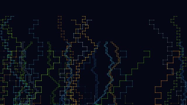 Electronic circuit lines navigate an orthogonal labyrinth in a dynamic 3D animation with colorful neon pathways, symbolizing vibrant computing power and data connectivity