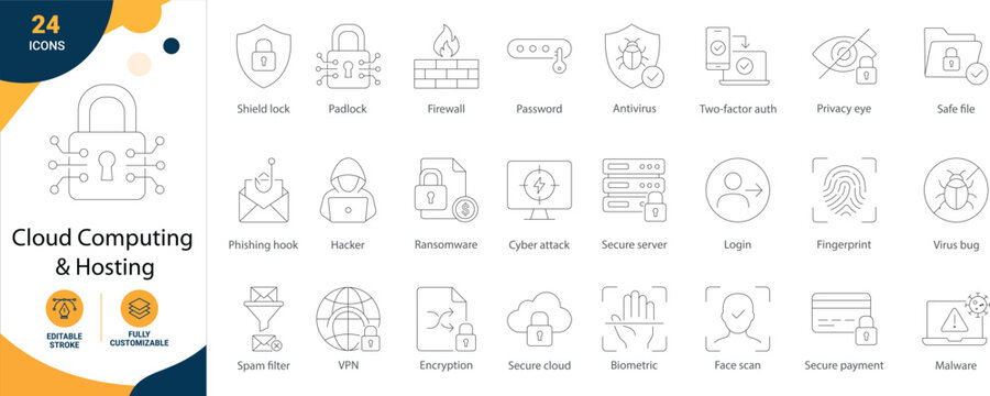 Cybersecurity and Data Protection Thin Line Icon Set
