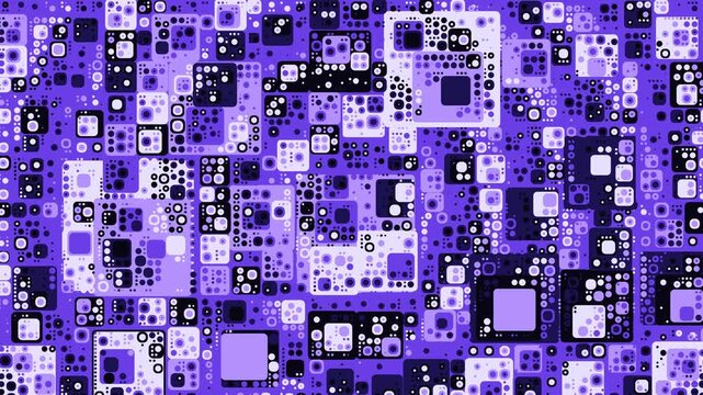 Rounded violet squircles and perforated geometric tiles pulse across a horizontal plane in a fluid 3D render with deep indigo tones, evoking hypnotic harmony for media intros