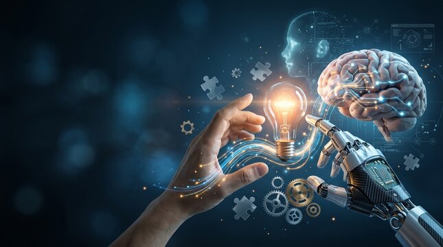 Human and robotic hands working together to guide a glowing lightbulb and digital brain model representing synergy between human and AI intelligence.