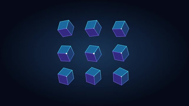 Glowing neon geometric cubes rotating in synchronicity against a dark digital grid background
