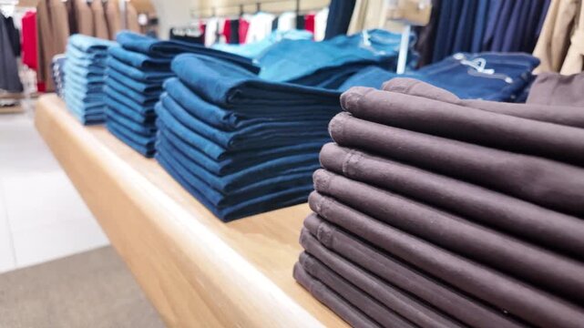Stacks of folded shirts displayed on a clothing store table