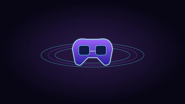 Glowing neon game controller icon floating with rotating futuristic rings on dark background