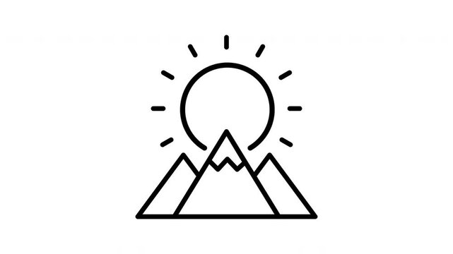 Animated black sun rays mountains peaks outline graphics shapes symbols icons silhouettes art illustration.