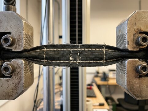 fabric seam strength test Tensile testing machine stretching a metal specimen to measure strength and durability