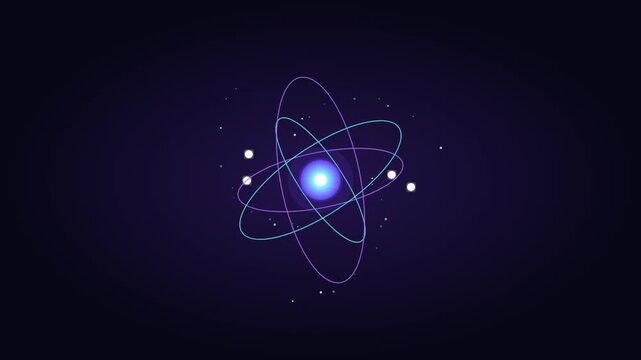 Glowing atomic structure with rotating electron orbits spinning in deep dark cosmic space