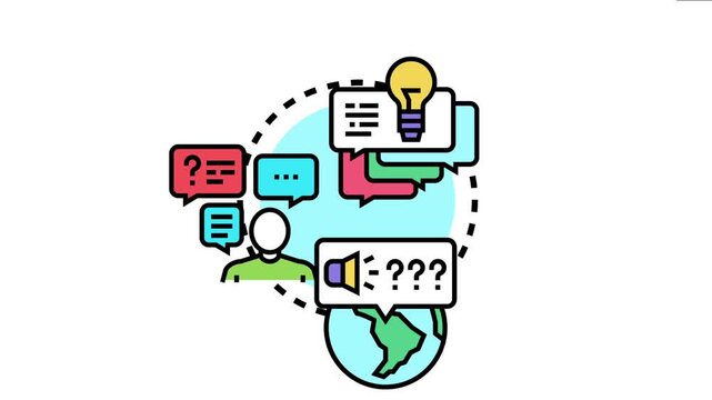 Person asking questions and requesting information through global communication and information exchange networks, receiving creative ideas and solutions for problem solving