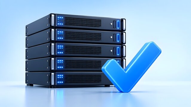 Stack of black computer servers with glowing blue lights and a large blue checkmark symbol indicating approval or success