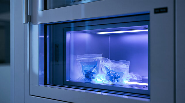 Laboratory Pass Box with Sealed Samples Under UV Light