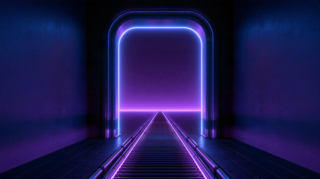 Futuristic Sci-Fi Neon Portal in Dark Cyberpunk Corridor