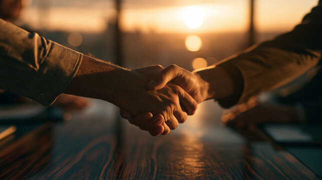 Business Partners Shaking Hands Across Table at Sunset