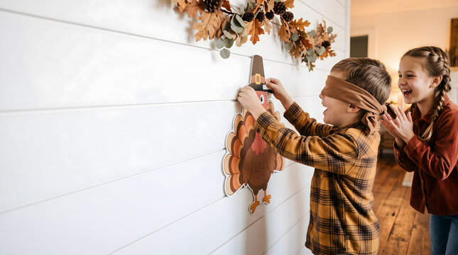 Cheerful young boy playing interactive pin the hat on turkey wall game at home during Thanksgiving party. Modern minimalist autumn decor background with cheerful family lifestyle vibe.