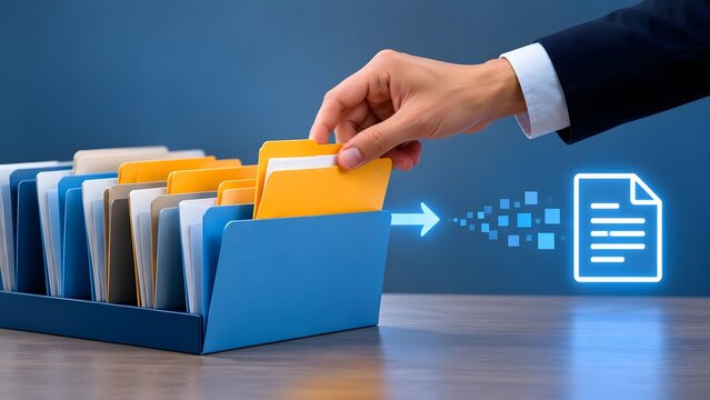 Hand selecting a yellow folder from a blue organizer with digital data transfer icon and arrow symbolizing information management and organization