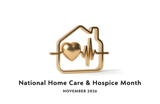 National home care and hospice month gold house symbol with heart and heartbeat line sculpture typography campaign awareness treatment cardiology wellness professional background