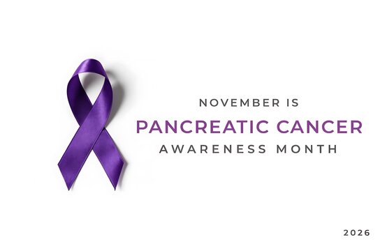 November is pancreatic cancer awareness month purple ribbon banner with health campaign medical cause graphic design white background public support symbol healthcare philanthropy