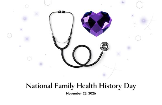 National family health history day banner with medical stethoscope and crystal heart awareness white background flat lay healthcare wellness medicine prevention clinical