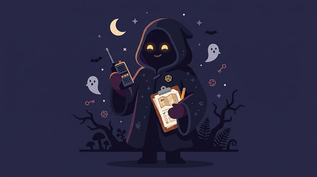 A cute shadowy hooded figure with glowing eyes holding a walkie-talkie and a clipboard in a spooky night forest