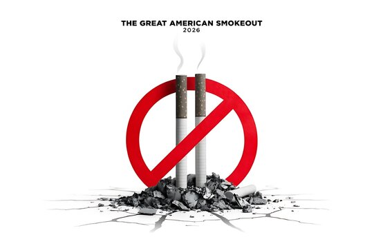 The great american smokeout campaign sign with broken cigarettes and prohibition symbol cigarette no smoking tobacco cessation health hazard addiction recovery ban red circle