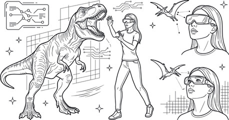Virtual reality vector set with woman wearing VR headset interacting with T-Rex dinosaur and pterodactyl flying reptiles © Shamim