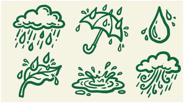 A collection of six green hand-drawn weather icons including a rain cloud, umbrella, water drop, leaf with rain, splash, and windy rain on a light background