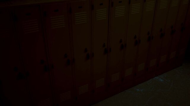 Wooden lockers stand quietly in a darkened hallway, their weathered surfaces telling stories of past students. The atmosphere feels nostalgic and mysterious, evoking memories of school days.