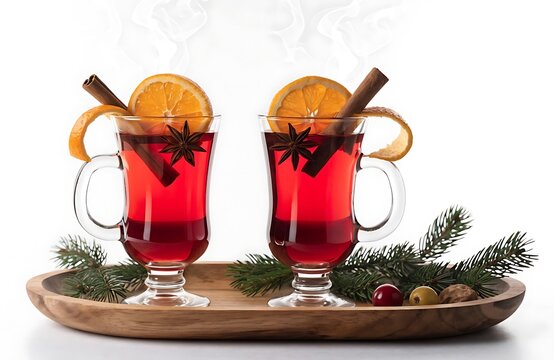 Two glasses of warm mulled wine decorated with orange slices and cinnamon sticks on wooden tray hot drink spiced christmas beverage winter stick slice holiday refresh