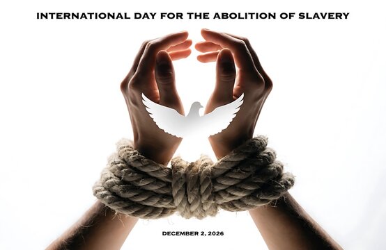 Hands tied with rope holding a white dove for international day for the abolition of slavery human rights bound social issue trafficking black and freedom fighter end