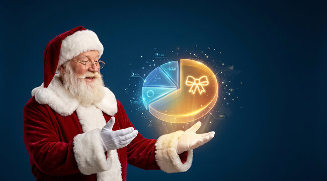 Santa Claus holding glowing holographic pie chart with gift icon floating above hands, blue background. E-commerce, holiday shopping, retail marketing.