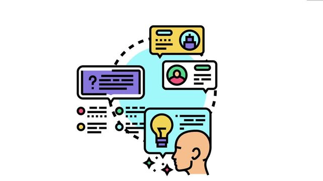 Human head creating bubbles with information, lightbulb ideas, question marks, and profile details, visualizing the process of quoting, referencing, and sharing concepts