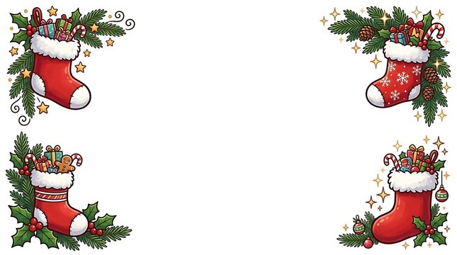 Christmas Border and Corner Clip Art Elements Festive holiday corner frame layout featuring charming illustrated Christmas stockings filled with wrapped gifts, pine branches, candy canes, an