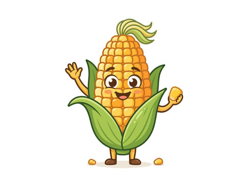 Cheerful cute corn cob cartoon vector mascot waving hand and holding a kernel illustration for children menu.