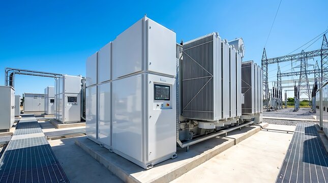 Industrial electrical power substation with large grey transformer units, metal cabinets, and voltage transmission towers in the background