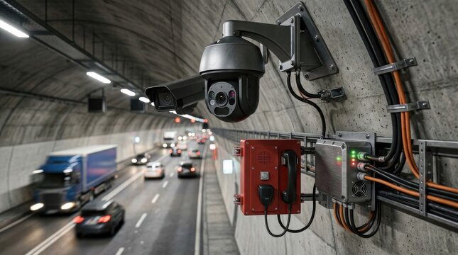 Modern tunnel traffic management equipment featuring intelligent surveillance systems, emergency communication devices and monitoring hardware, equipment as the main subject inside a contemporary tun