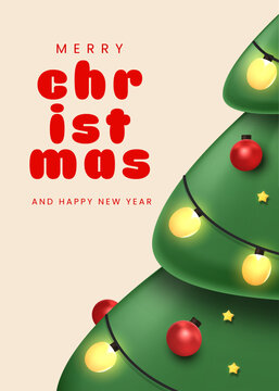 Green Christmas Tree with Glowing Lights and Red Ornaments on Cream Background, Merry Christmas Greeting Card Design, Editable Vector Illustration