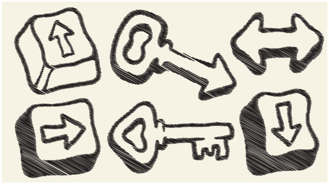 Set of six hand drawn icons featuring computer keyboard keys with arrows, vintage keys, and directional symbols with textured scribbled fills on a light background