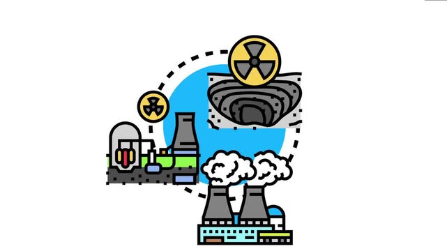 Radioactive energy production industry processing nuclear power for electricity. Depicting mining operations. Nuclear facility infrastructure