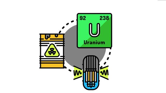 Radioactive isotope research concept showing uranium element, an atomic reactor, and waste barrel, symbolizing science, technology, and industry applications
