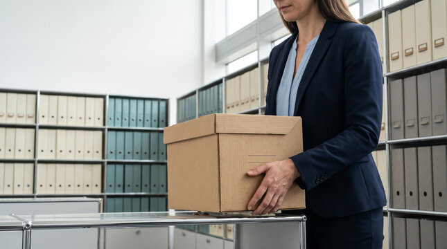 Businesswoman handling cardboard archive box in organized office records storage room, document management and corporate filing