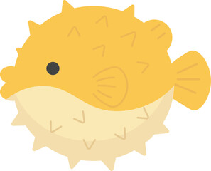 Vector illustration of a cute yellow pufferfish (fugu) with round puffed body, small spines, and a light beige belly. © VH_World