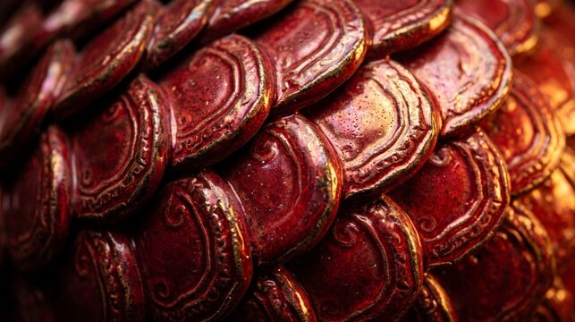 Extreme macro texture of deep red metallic ceramic dragon scales
