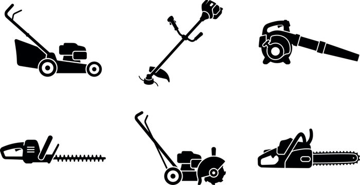 Power Garden Tool Icon Set Featuring Lawn Mower, String Trimmer, Leaf Blower, Hedge Clipper, Edger, and Chainsaw Glyphs for Commercial Landscaping Designs