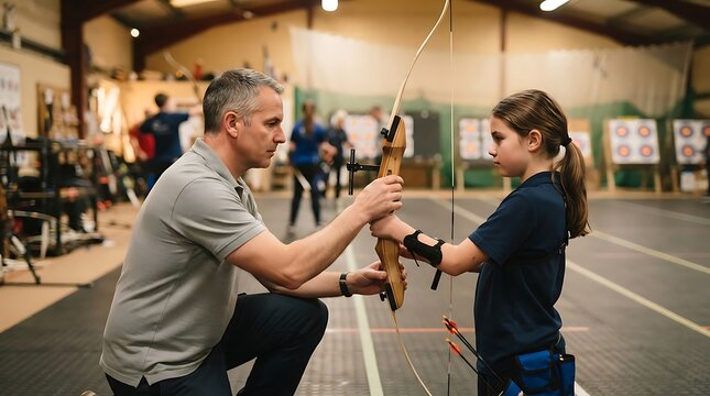 Archery instructor teaching a young girl in an indoor range
