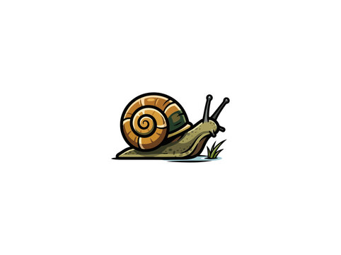 Garden snail featuring a brown spiral shell crawls slowly across a flat surface.