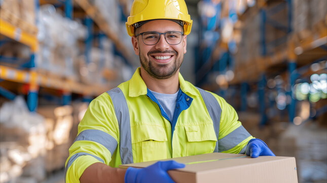 Courier carrying cardboard box between storage racks inside modern logistics distribution center. Delivery service and supply chain management concept.
