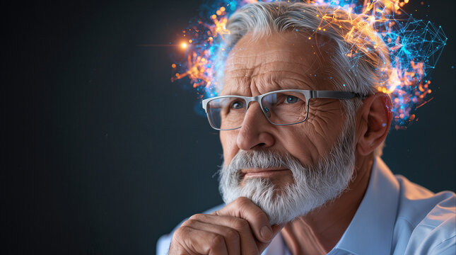 Elderly thinker touching beard with digital neural network glowing around head. Concept of artificial intelligence, memory, and cognitive mental activity.