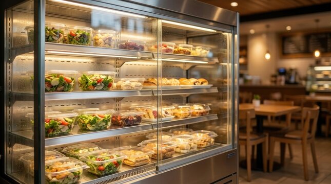 Refrigerated display case with plain unbranded food containers arranged on illuminated shelves, display case filling most of the frame, main subject in sharp focus, softly blurred cafee interior, ult