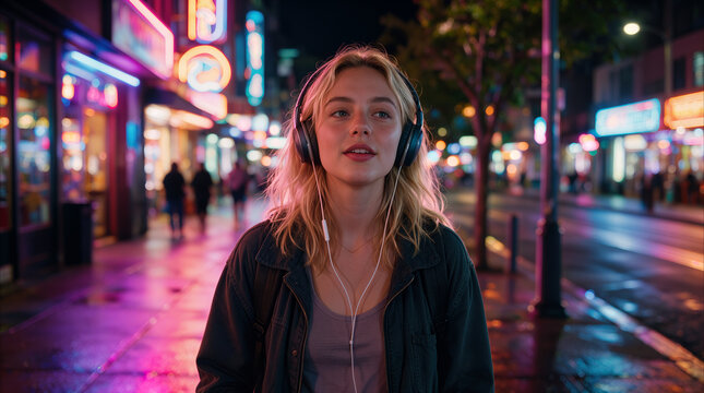 Commuter listening to music with headphones while walking down illuminated city boulevard at night.